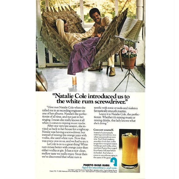 Natalie Cole Puerto Rican Rum 1980s Vintage Print Ad 9 inch Tall - Picture 1 of 4